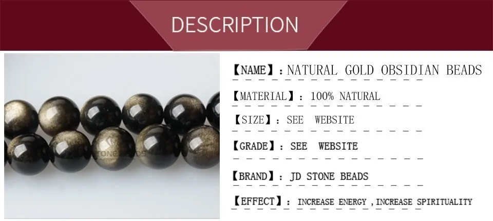 Natural Stone Golden Black Obsidian Bead Shinny Round Loose Gemstone Bead for Jewelry Making Diy Bracelet Necklace Accessory 15"
