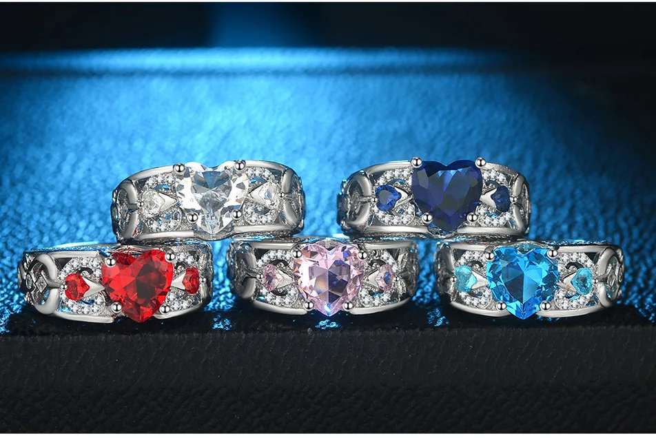 Classic 5 Color Authentic 925 Sterling Silver Ring Multicolor Love Heart Zircon Ring Wedding Jewelry Gift for Mother Anel Bijoux