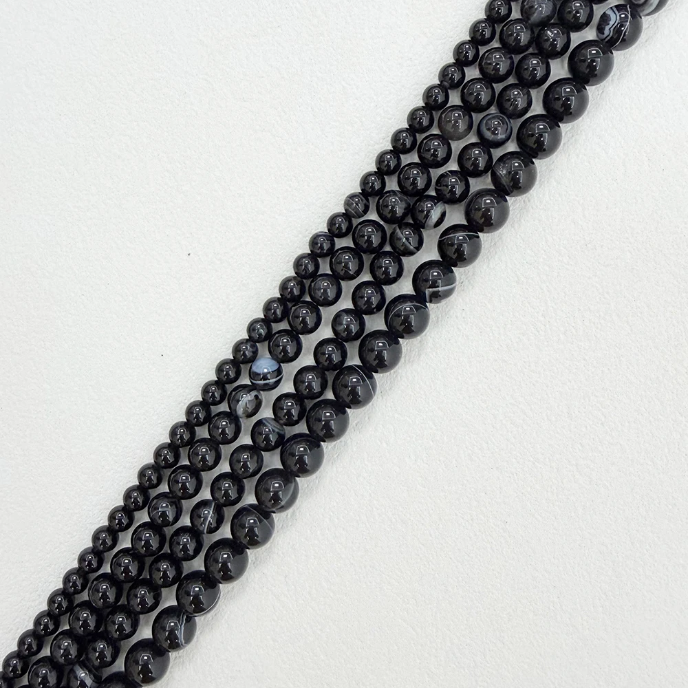 Natural Stone Black Stripe Onyx Agate Round Loose Beads 4 6 8 10 12MM Pick Size For Jewelry Making