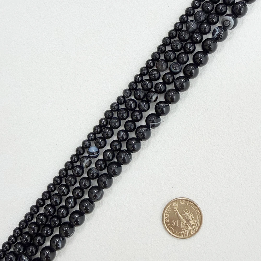 Natural Stone Black Stripe Onyx Agate Round Loose Beads 4 6 8 10 12MM Pick Size For Jewelry Making