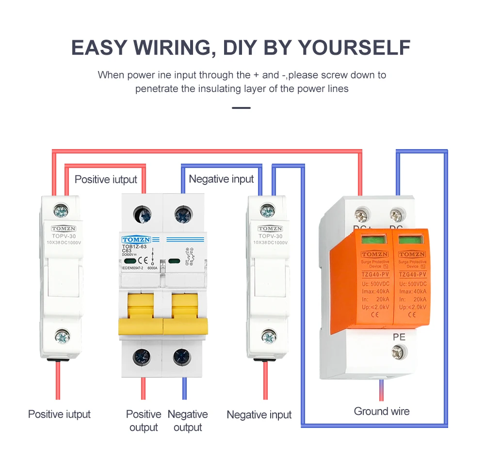 TOMZN 2P DC 600V 3A 6A 10A 16A 20A 25A 32A 40A 50A 63A Circuit Breaker MCB C Curve Single Pole Direct-Current Fuse for PV