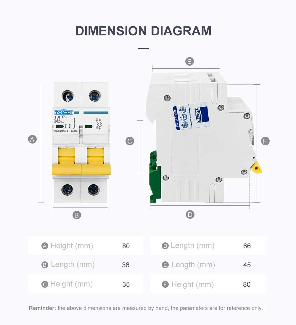 TOMZN 2P DC 600V 3A 6A 10A 16A 20A 25A 32A 40A 50A 63A Circuit Breaker MCB C Curve Single Pole Direct-Current Fuse for PV