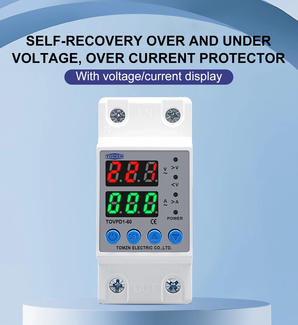TOMZN Din Rail 60A 230V Adjustable Over Voltage and Under Voltage Protective Device Protector Relay TOMZN TOVPD1-63