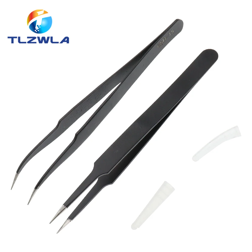1PCS Anti-static ESD Stainless Steel Tweezers Maintenance Tools Industrial Precision Curved Straight Tweezers Repair Tools