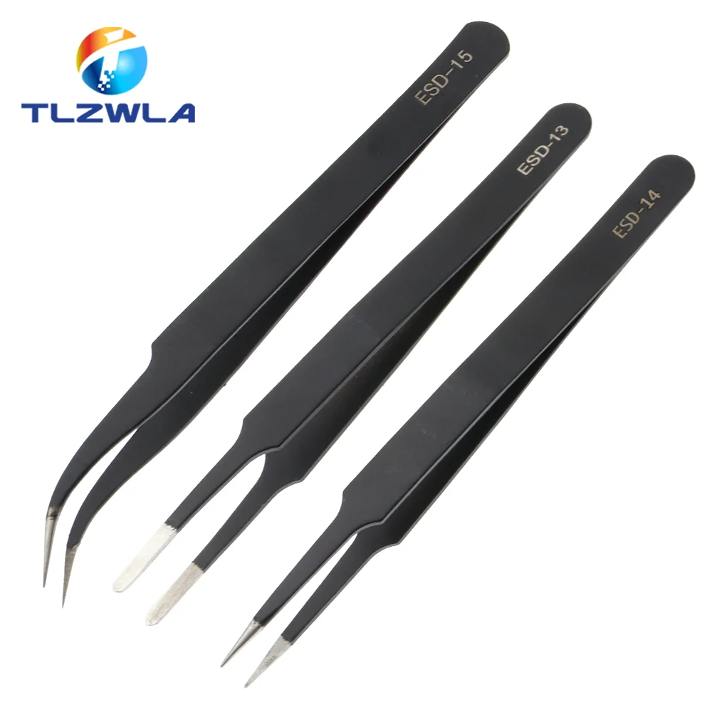 1PCS Anti-static ESD Stainless Steel Tweezers Maintenance Tools Industrial Precision Curved Straight Tweezers Repair Tools