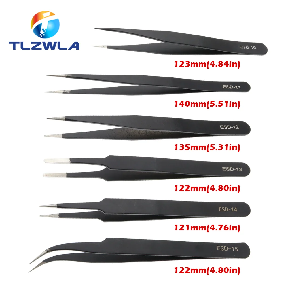 1PCS Anti-static ESD Stainless Steel Tweezers Maintenance Tools Industrial Precision Curved Straight Tweezers Repair Tools
