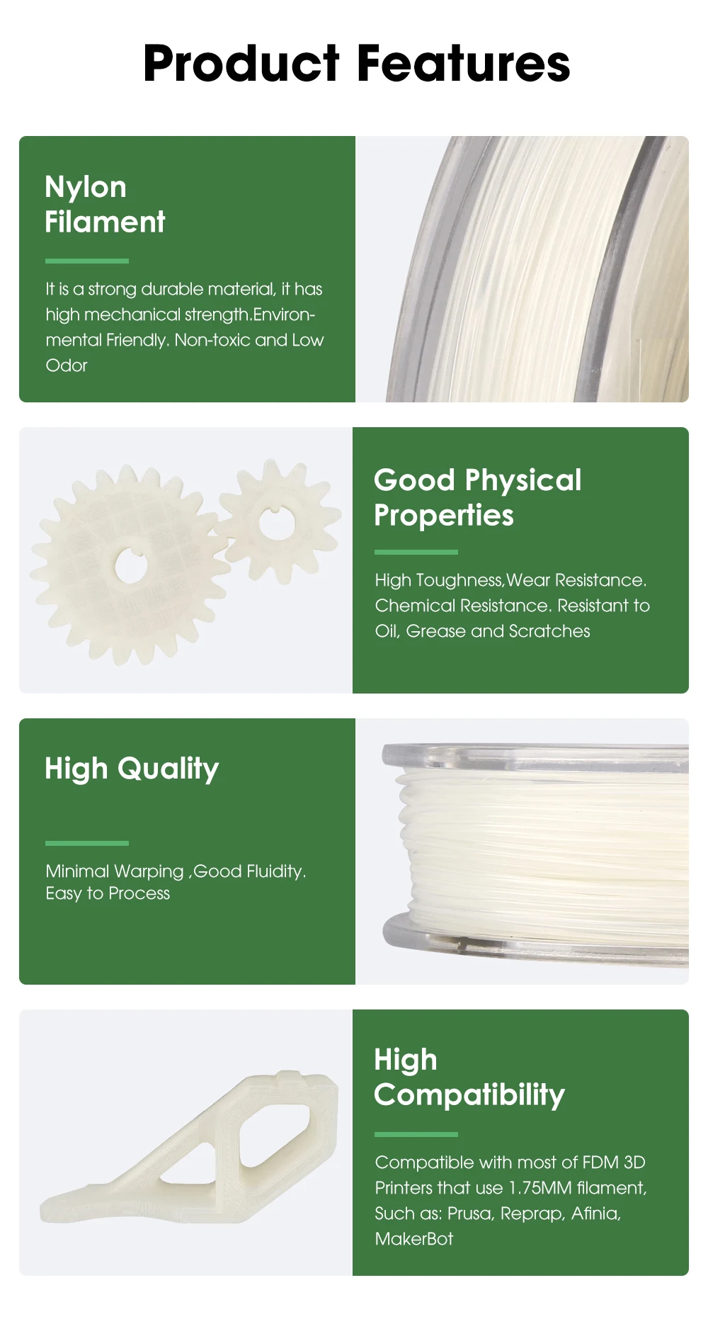 ESUN Nylon Filament 1.75mm 3D Printer PA Filament Accuracy +/- 0.05mm 1KG 2.2LBS Spool 3D Printing Filament for 3D Printers
