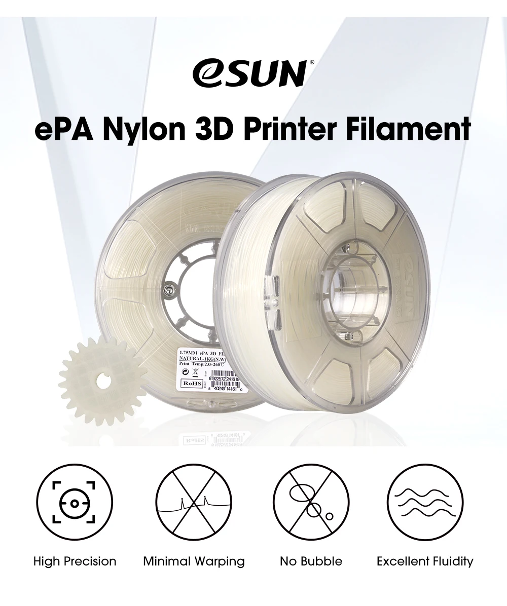 ESUN Nylon Filament 1.75mm 3D Printer PA Filament Accuracy +/- 0.05mm 1KG 2.2LBS Spool 3D Printing Filament for 3D Printers