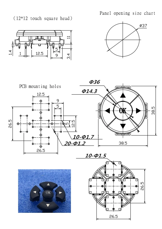 1 set A14 cap 5 way direction Combination switch B3F-4055 with Arrow OK button SMD 12*12*7.3mm Micro Tactile Tact Taster