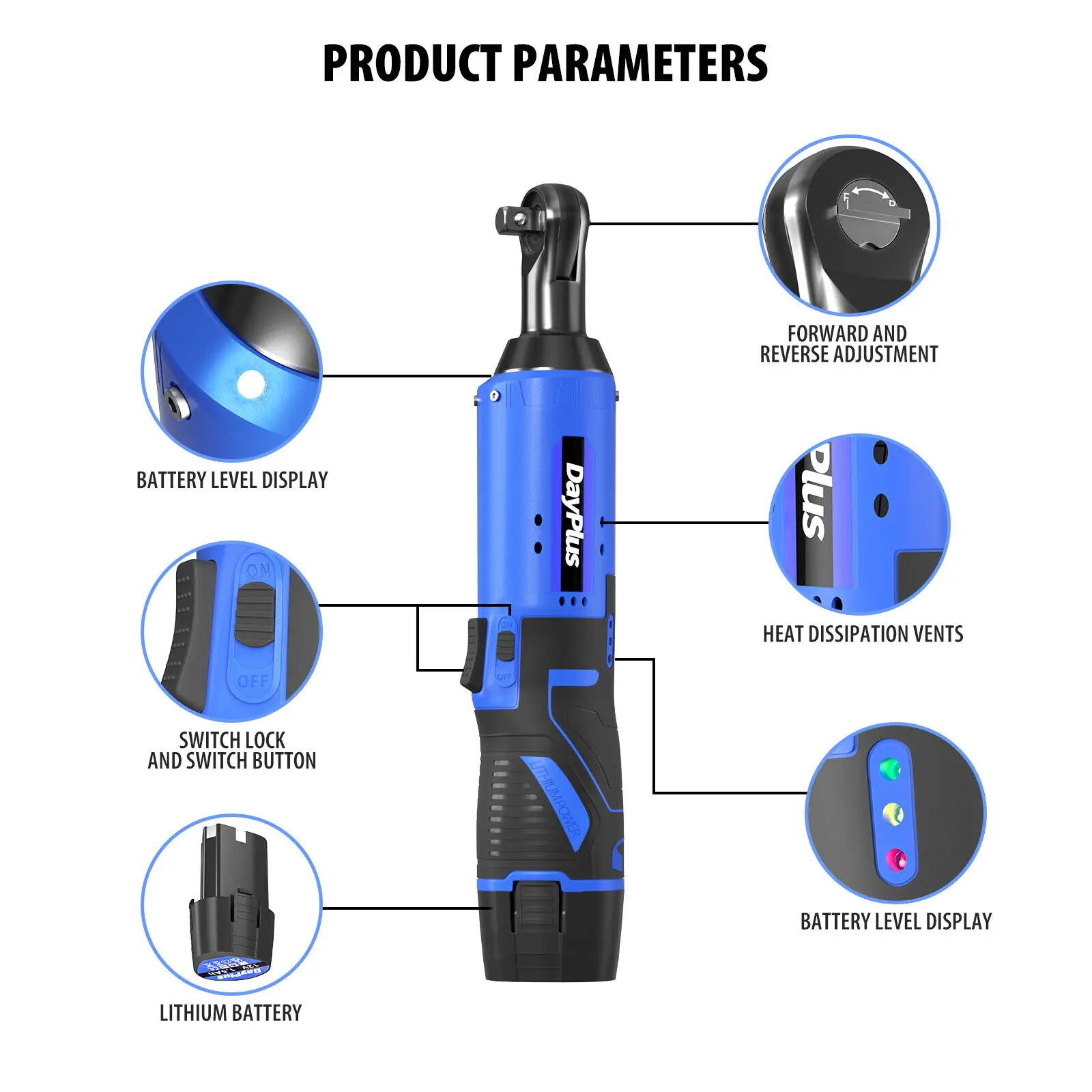 Electric Cordless Right Ratchet 3/8'' 90° Angle Wrench with LED Work Light +7pcs Sockets Set Power Ratchet Wrenches, 2 Battery