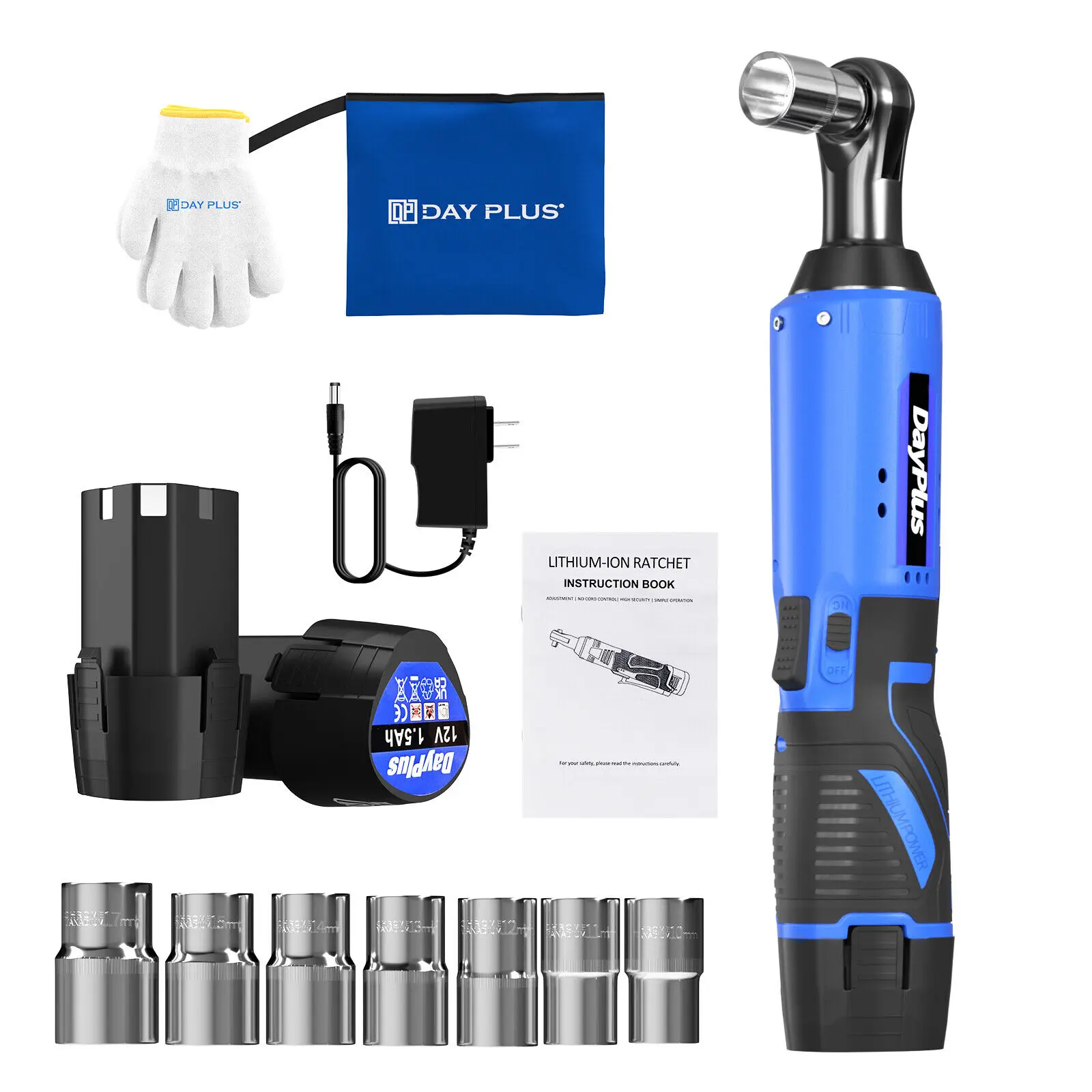 Electric Cordless Right Ratchet 3/8'' 90° Angle Wrench with LED Work Light +7pcs Sockets Set Power Ratchet Wrenches, 2 Battery