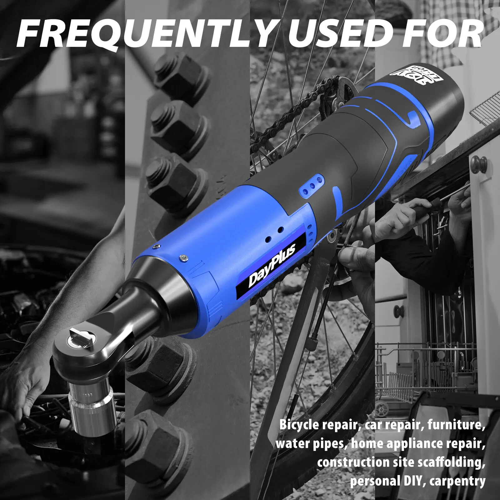 Electric Cordless Right Ratchet 3/8'' 90° Angle Wrench with LED Work Light +7pcs Sockets Set Power Ratchet Wrenches, 2 Battery