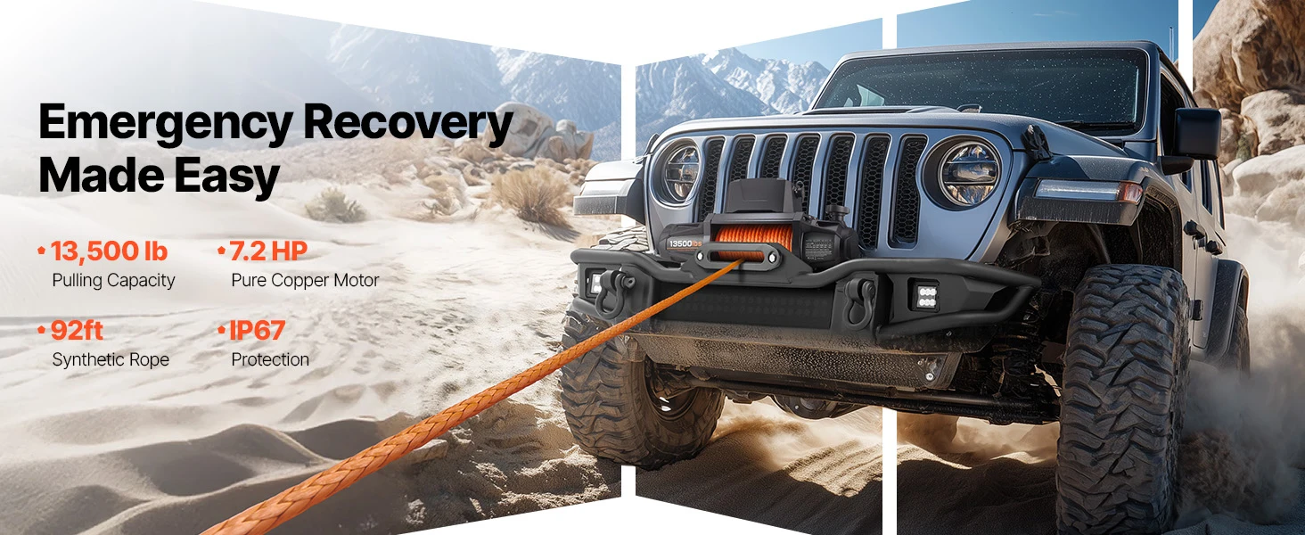 SucceBuy 13500LBS 12V Electric Winch Synthetic Tow Rope Car Winch 28M Lifting Hoist for 4X4 Car Trailer ATV Truck Off Road Boat