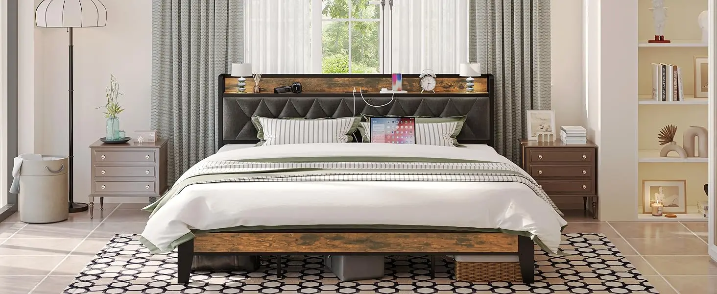 ANCTOR Twin/TwinXL/Full/Queen/King/CaliforniaKing Bed Frames, Storage Headboard with Outlets, No Noise, No Box Springs Needed