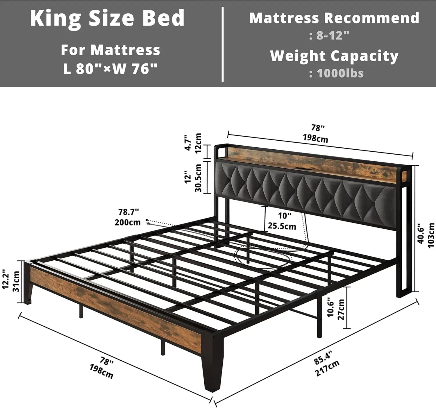 ANCTOR Twin/TwinXL/Full/Queen/King/CaliforniaKing Bed Frames, Storage Headboard with Outlets, No Noise, No Box Springs Needed