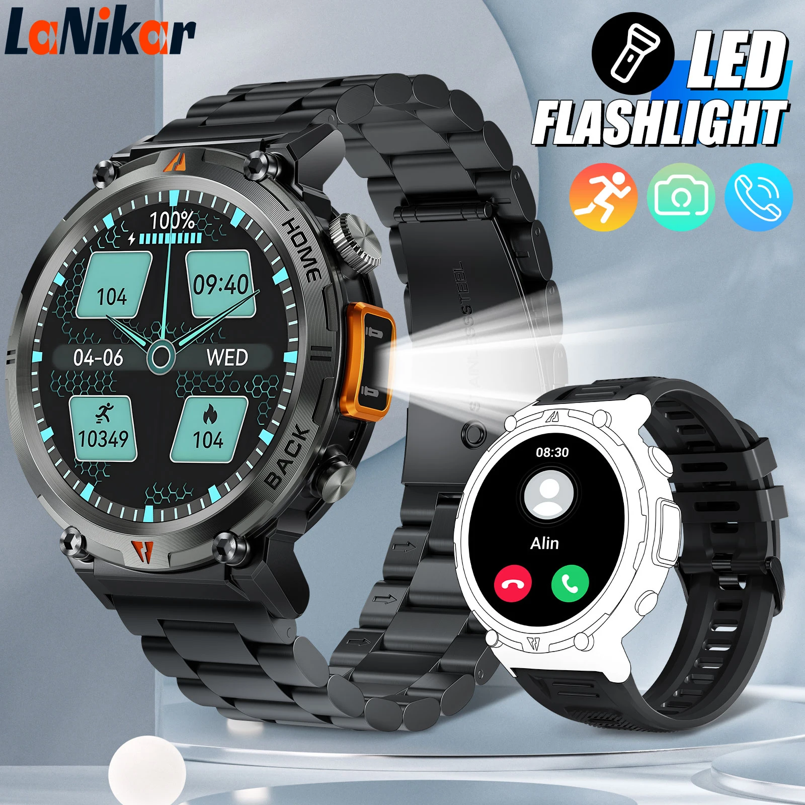 LaNikar 2025 KE3 Bluetooth Call Smart Watch Men Full Touch Screen Health Monitor With steel ring Men SmartWatch For IOS Android