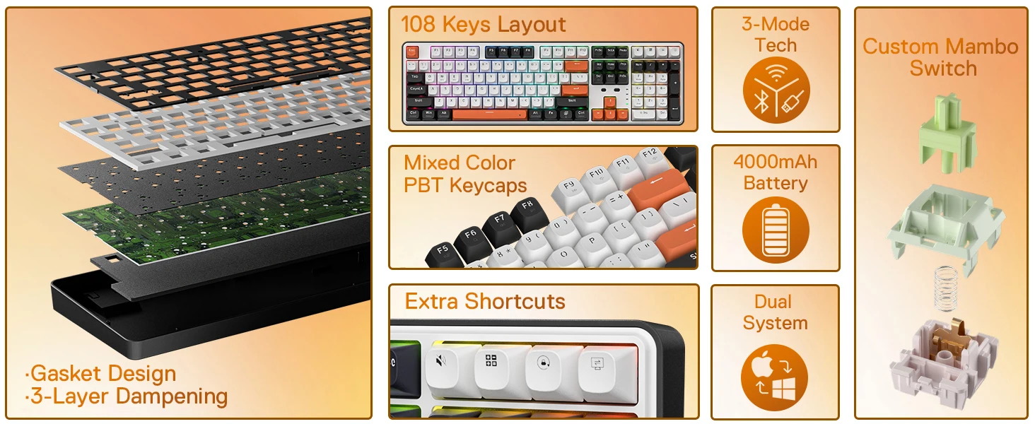 Redragon K689 PRO Wireless Gasket RGB Mechanical Gaming Keyboard 108 Keys 4 Extra Hotkeys Upgraded Hot-Swappable Keyboard