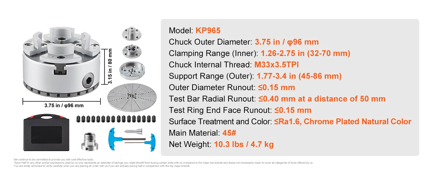 SucceBuy KP965 Metal Lathe Chuck 4-Jaw 3.75"Diameter with 5 Sets of Jaws Self-centering Tool Accessories for Precision Machining