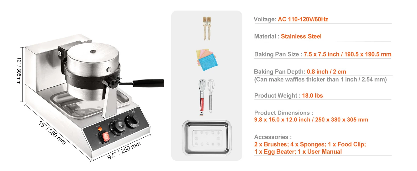 SucceBuy Electric Waffle Maker Stainless Steel Round Waffle Iron Non-Stick Waffle Baker Machine Teflon-Coated Baking Pans