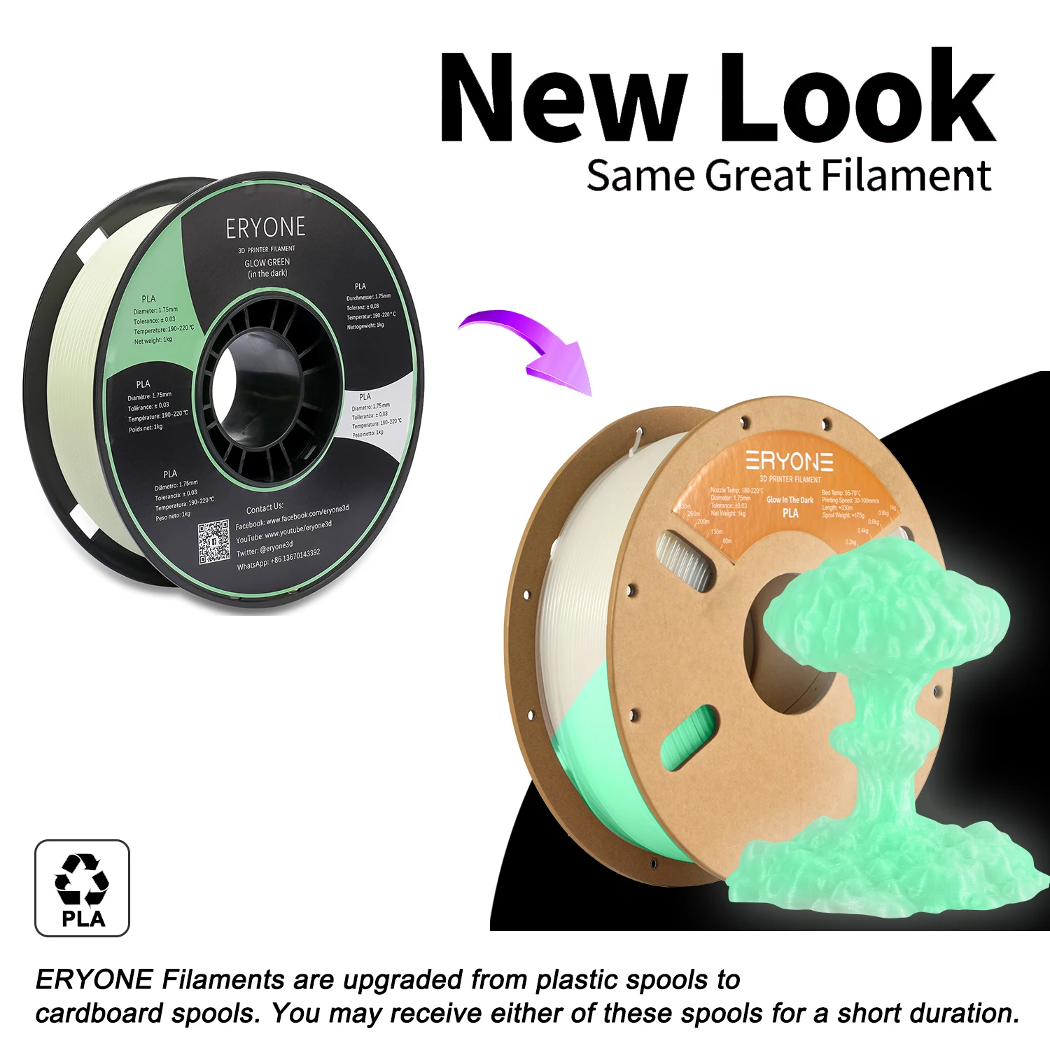 Eryone Luminous PLA Filament 1.75mm 1kg Glow in the Dark Plastic PLA 1kg 3D Printing Materials High Quality Wholesale Fast ship