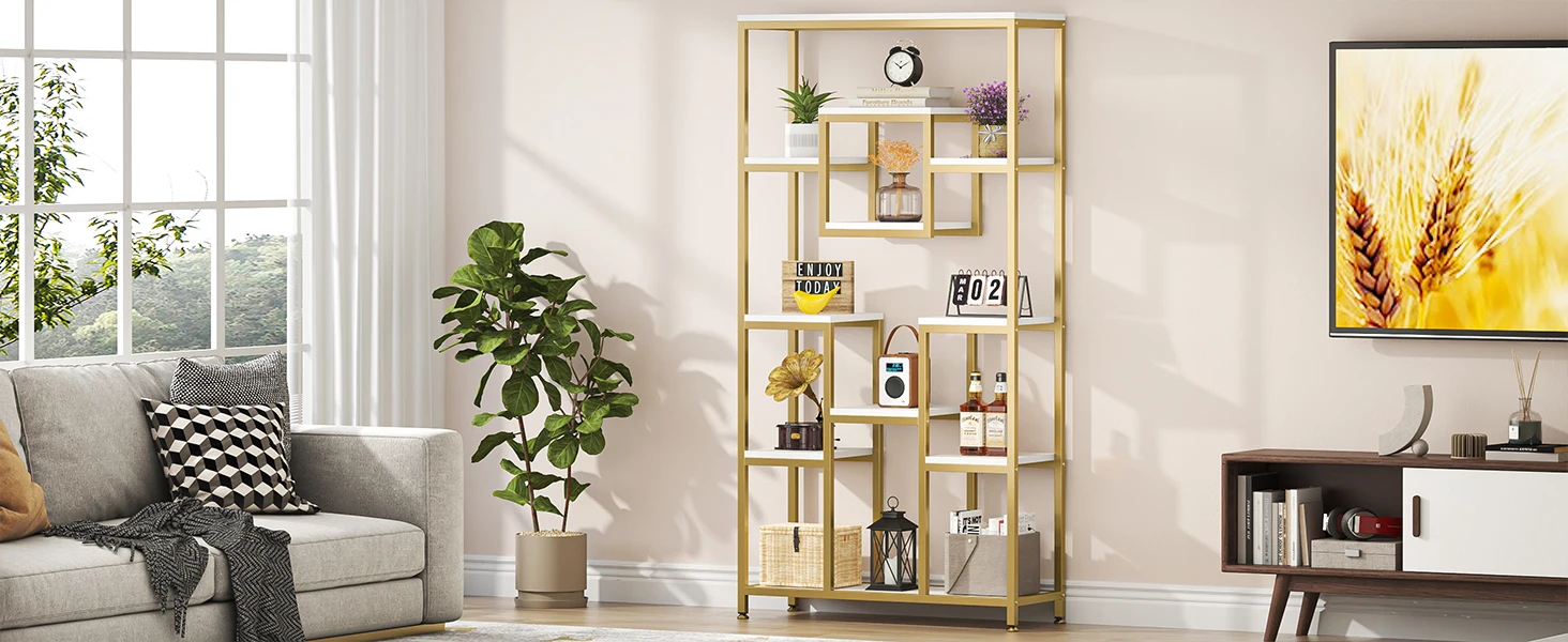 Tribesigns Bookcases and Bookshelves, 71” Tall Bookshelf with Metal Frame, Freestanding Geometric Bookcase