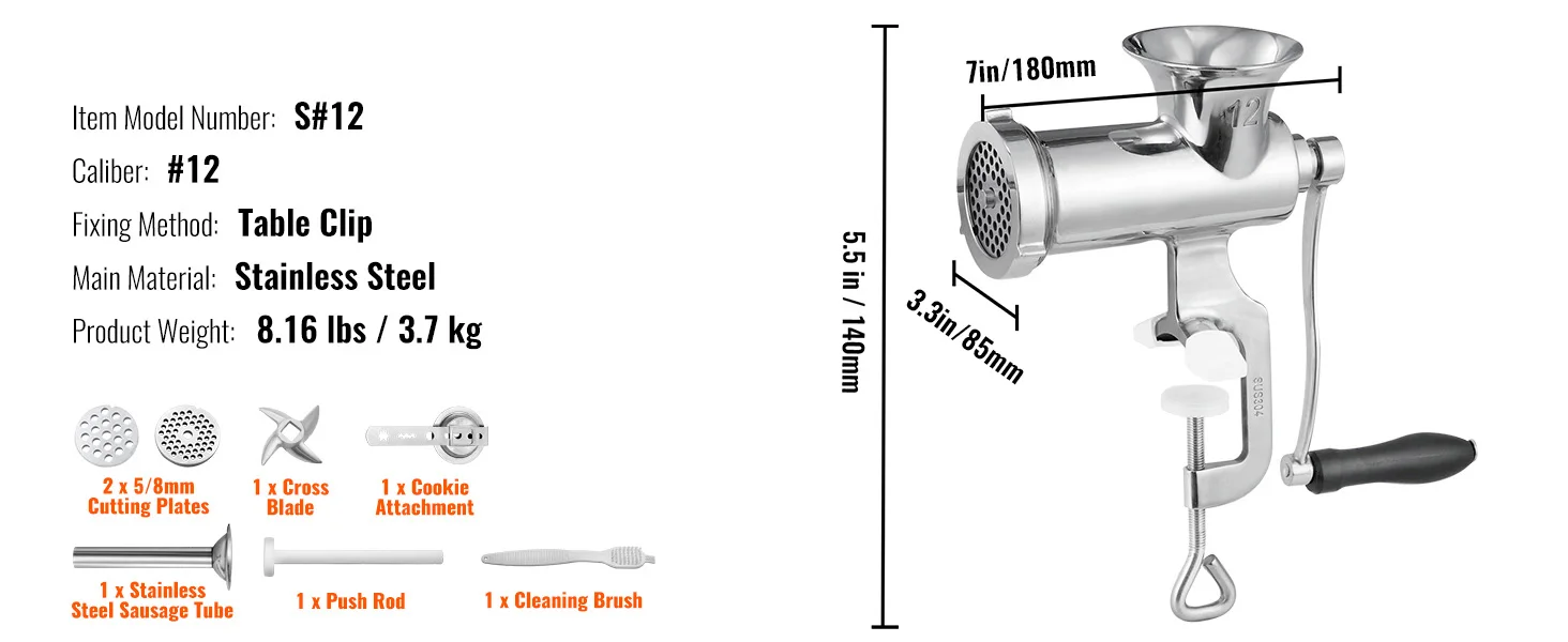 SucceBuy Manual Meat Grinder 304 Stainless Steel Hand Meat Grinder with Steel Table Clamp Meat Mincer Sausage Maker