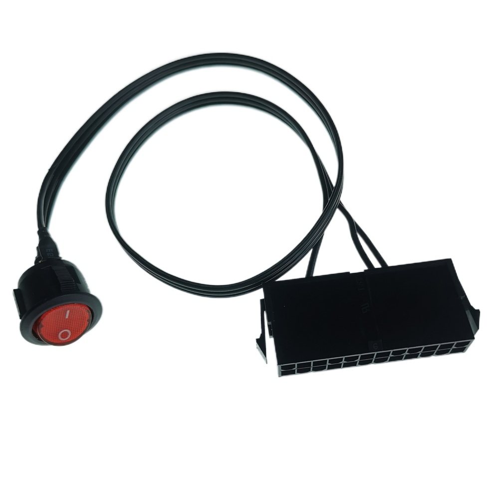 PC Server ATX PSU 24Pin Female Socket Starter Switch Button Power Cable 18AWG Self-Lock Boat Shape 50cm Red Indicator Light