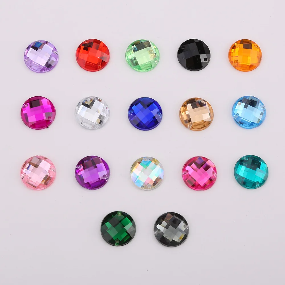 8mm/10mm/12mm/15mm Round Acrylic Flat Back Rhinestone 2 Holes sewing Rhinestone Crystal Beads For DIY Crafts 18 colors choose