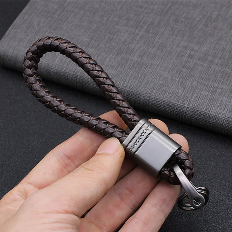 New Hand-Woven Leather Car Key Ring Men Women Rope Key Chain Waist Keychains Charm Metal Key Holder Gift Jewelry