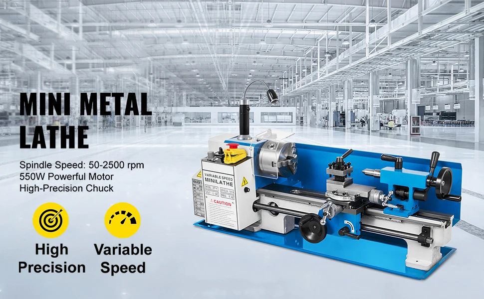 SucceBuy Mini Metal Lathe Machine 7"x14" 550W 180x350mm Variable Speed + 3 Jaw Chuck for Metalworking Turning Drilling Threading