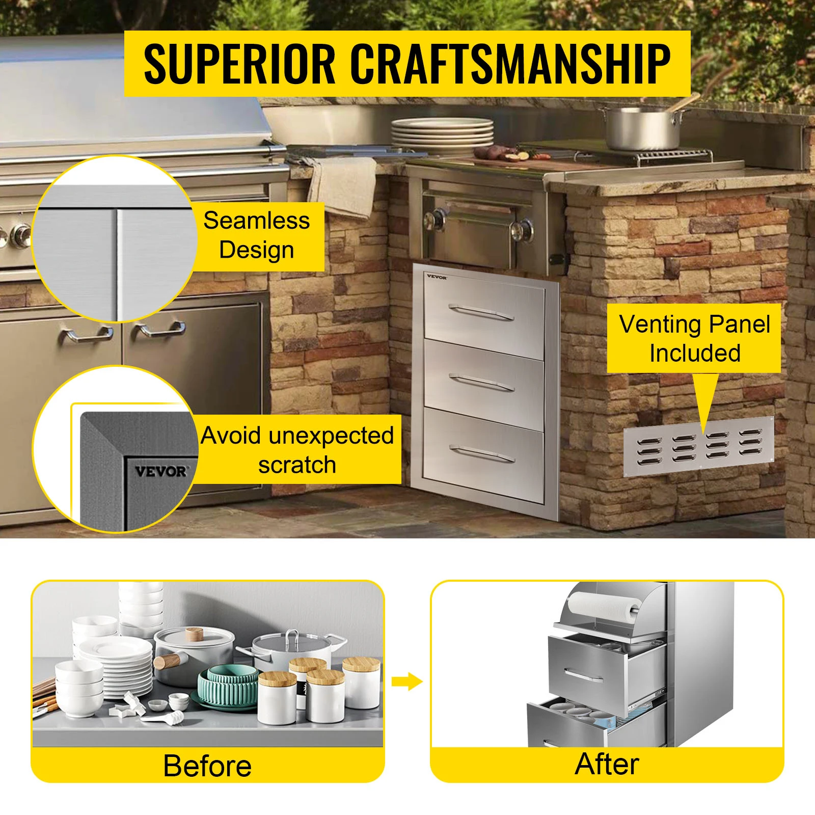 SucceBuy Stainless Steel Outdoor Kitchen Drawers W/ Handle Large Storage BBQ Island Great for Any Weather Condition