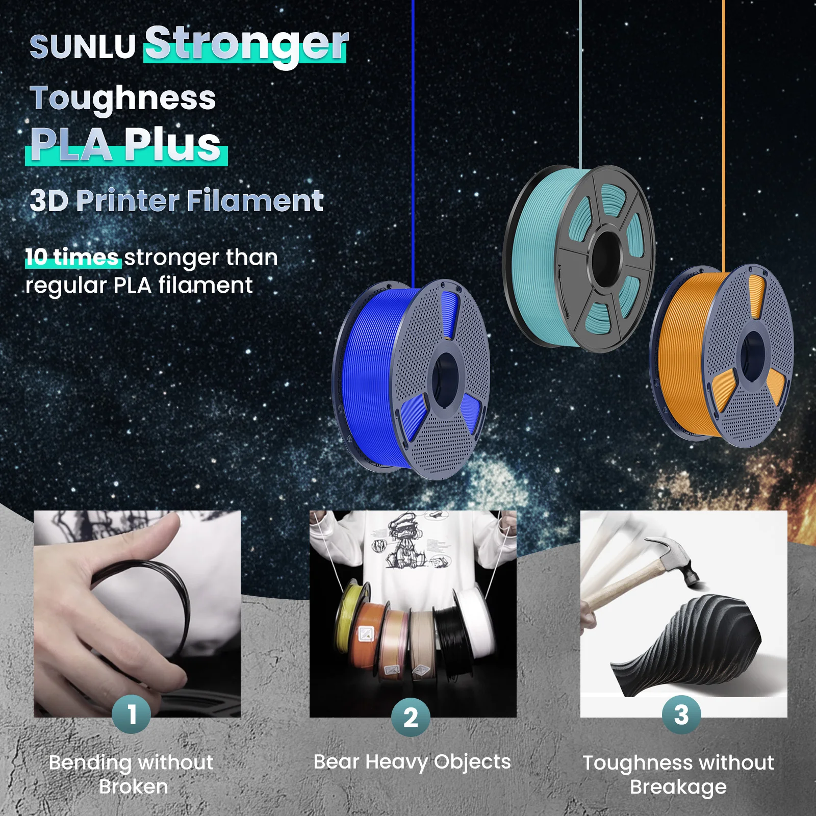 SUNLU PLA PLUS 3D Printer Filament Colorful 5KG 1KG A Roll 1.75MM Tolerances +/-0.02MM Filament Fast Shipping From EU / US /RU