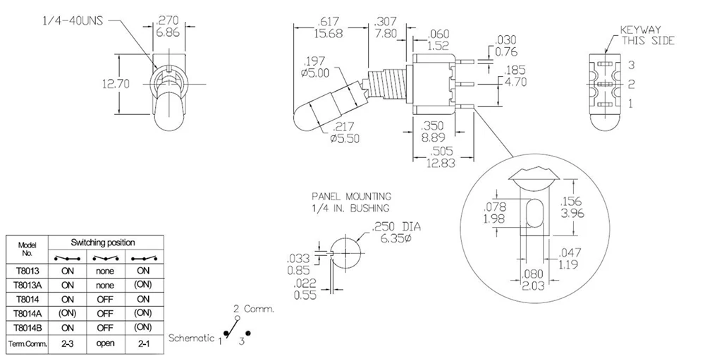 Salecom T80-T LK Series Locking Handle Miniature Toggle Switch 1/4 Inch Panel Mount 5A/125VAC