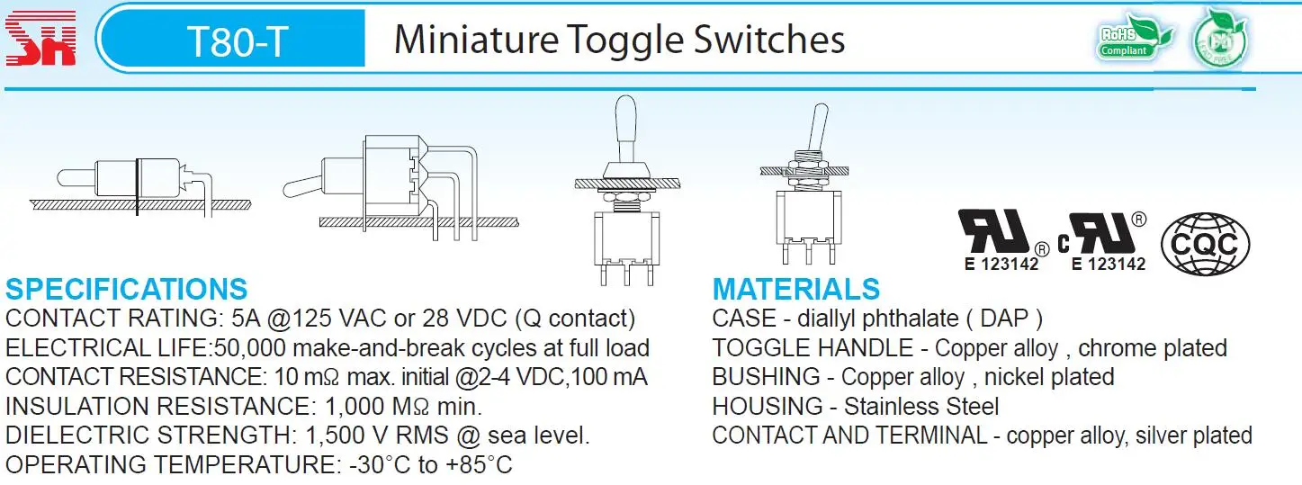 Salecom T80-T LK Series Locking Handle Miniature Toggle Switch 1/4 Inch Panel Mount 5A/125VAC