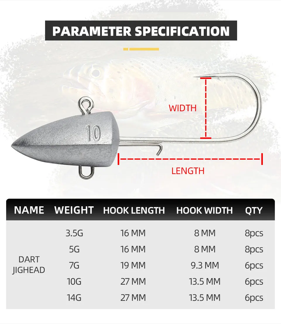 BLUX Dart Jighead Fishhooks 3.5g 5g 7g 10g 14g Worm Fishing Lure Hook Soft Lure Jig Head Artificial Bait Fishing Tackle