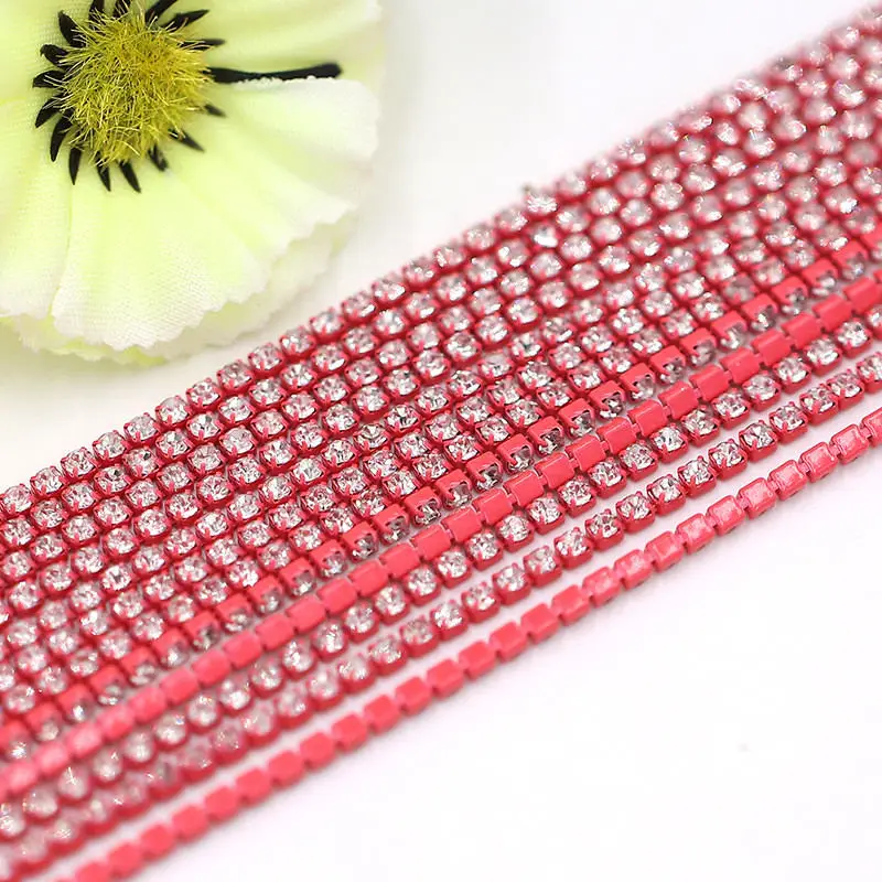Crystal glass Rhinestone Chain with Colorful bottom sew on stone Cup Chain Gule on Rhinestone Trim DIY Accessories
