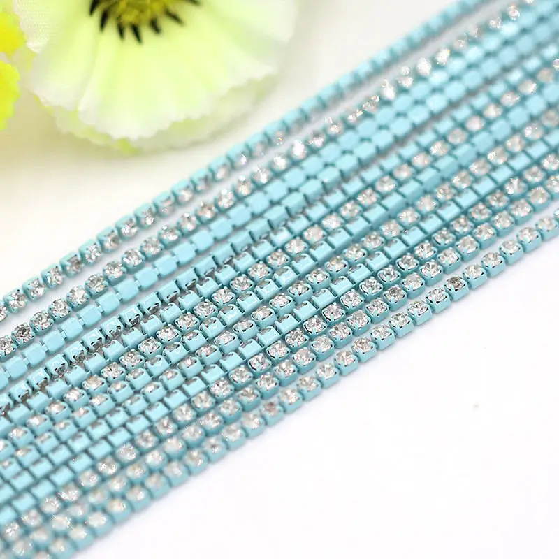 Crystal glass Rhinestone Chain with Colorful bottom sew on stone Cup Chain Gule on Rhinestone Trim DIY Accessories
