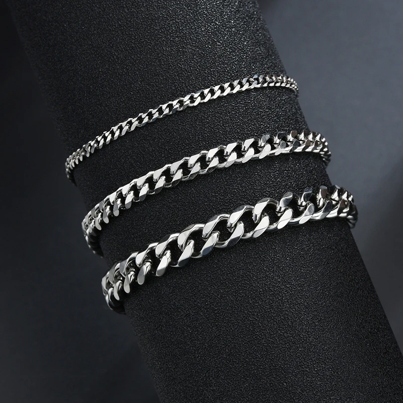 Sifisrri Punk Men 3/5/7mm Stainless Steel Curb Cuban Link Chain Bracelets Gold Color Solid Chains Unisex Wrist Jewelry Gift