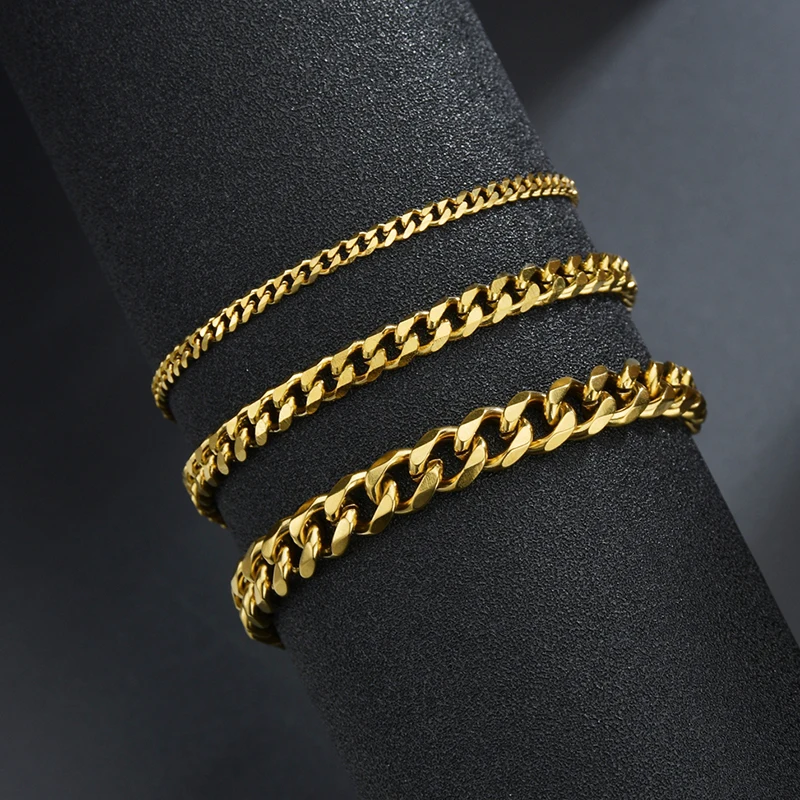 Sifisrri Punk Men 3/5/7mm Stainless Steel Curb Cuban Link Chain Bracelets Gold Color Solid Chains Unisex Wrist Jewelry Gift