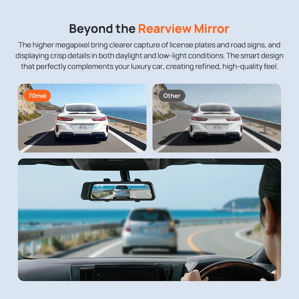 70mai Rearview Dash Cam S410 9.35" Mirror Display Front 2K Rear 1080P F1.55 Aperture Supercapacitor 24/7 Protection 70mai S410
