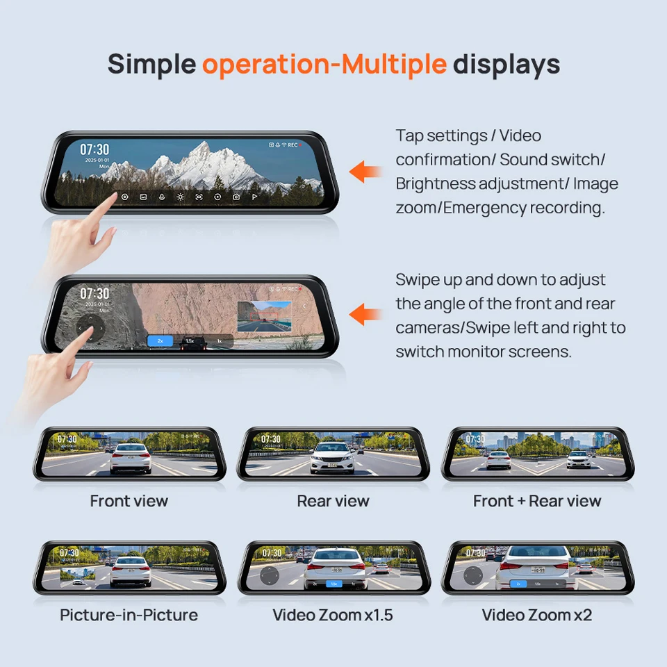 70mai Rearview Dash Cam S410 9.35" Mirror Display Front 2K Rear 1080P F1.55 Aperture Supercapacitor 24/7 Protection 70mai S410
