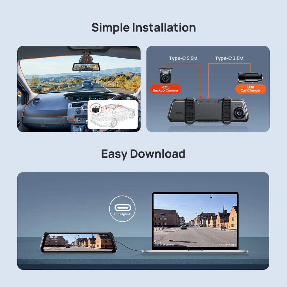 70mai Rearview Dash Cam S410 9.35" Mirror Display Front 2K Rear 1080P F1.55 Aperture Supercapacitor 24/7 Protection 70mai S410