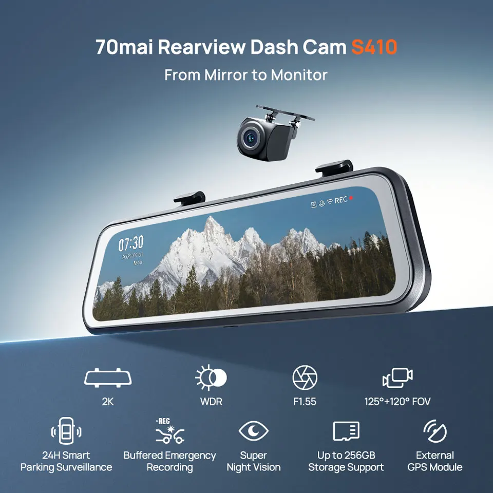 70mai Rearview Dash Cam S410 9.35" Mirror Display Front 2K Rear 1080P F1.55 Aperture Supercapacitor 24/7 Protection 70mai S410