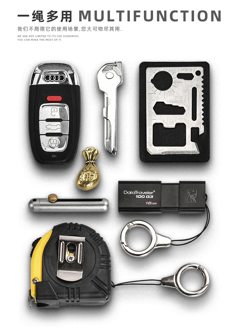 2 PCS Multifunction Key Chain Holder Black Rope Phone Lanyard Key Ring Metal Car Keychain U Disk ID Cards Keyring Men Women M03