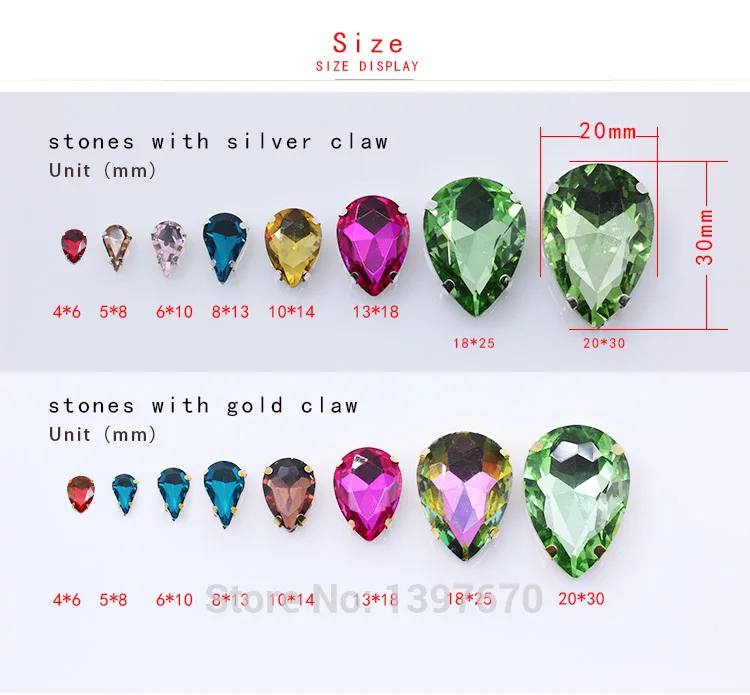 5x8mm 6x10mm 8x13mm 24-Colors Sew on Flat Water Drops Teardrop Crystal Rhinestones With Gold Claw Button Wedding Dress Bags Diy