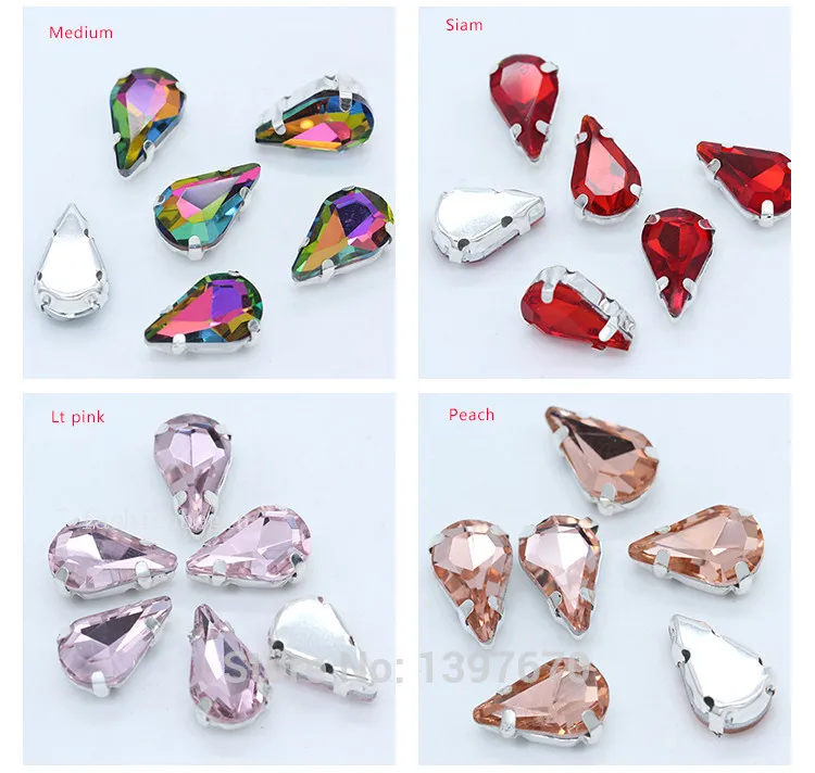 5x8mm 6x10mm 8x13mm 24-Colors Sew on Flat Water Drops Teardrop Crystal Rhinestones With Gold Claw Button Wedding Dress Bags Diy