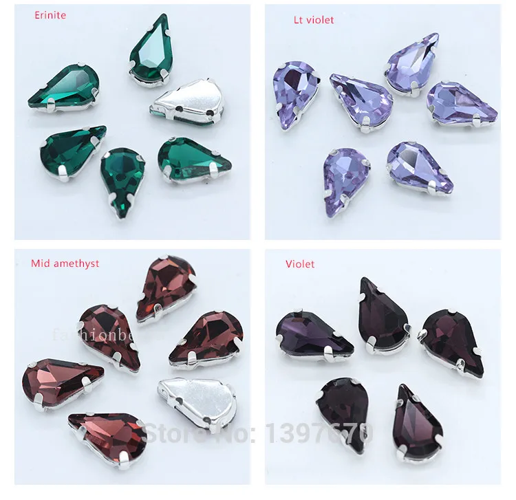 5x8mm 6x10mm 8x13mm 24-Colors Sew on Flat Water Drops Teardrop Crystal Rhinestones With Gold Claw Button Wedding Dress Bags Diy