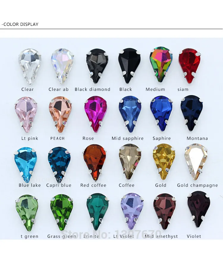 5x8mm 6x10mm 8x13mm 24-Colors Sew on Flat Water Drops Teardrop Crystal Rhinestones With Gold Claw Button Wedding Dress Bags Diy