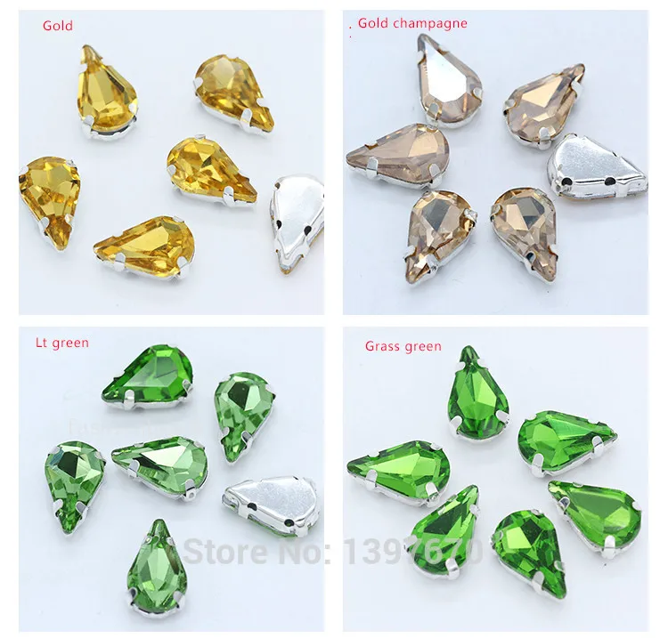 5x8mm 6x10mm 8x13mm 24-Colors Sew on Flat Water Drops Teardrop Crystal Rhinestones With Gold Claw Button Wedding Dress Bags Diy