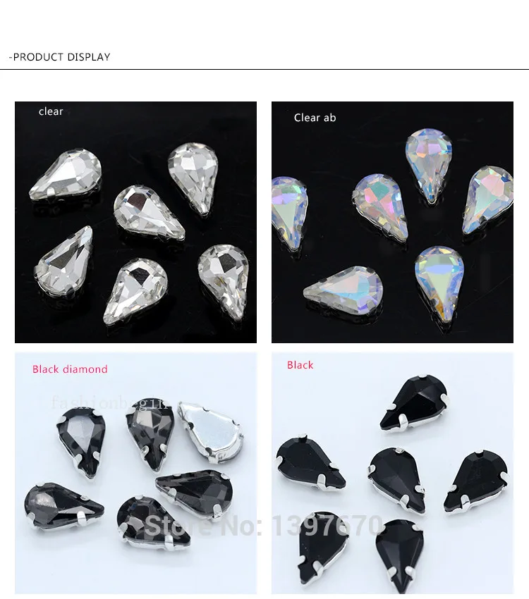 5x8mm 6x10mm 8x13mm 24-Colors Sew on Flat Water Drops Teardrop Crystal Rhinestones With Gold Claw Button Wedding Dress Bags Diy
